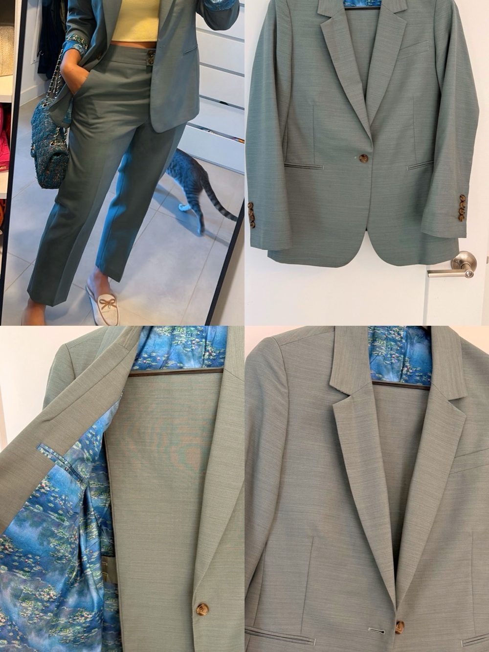 Women's Sage Green Single-Button Blazer with Floral Lining